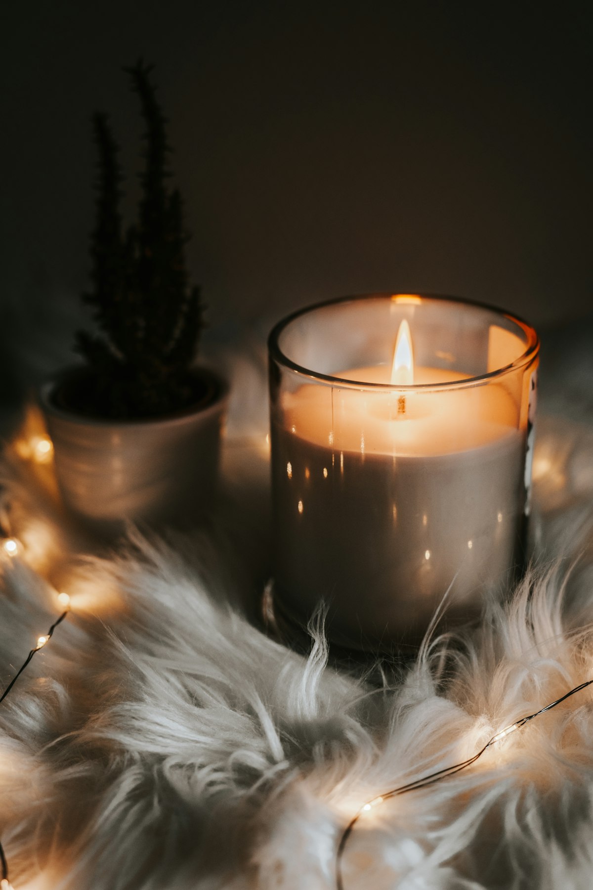 Pure amber beeswax taper candles burning softly in brass holders on dark wood table